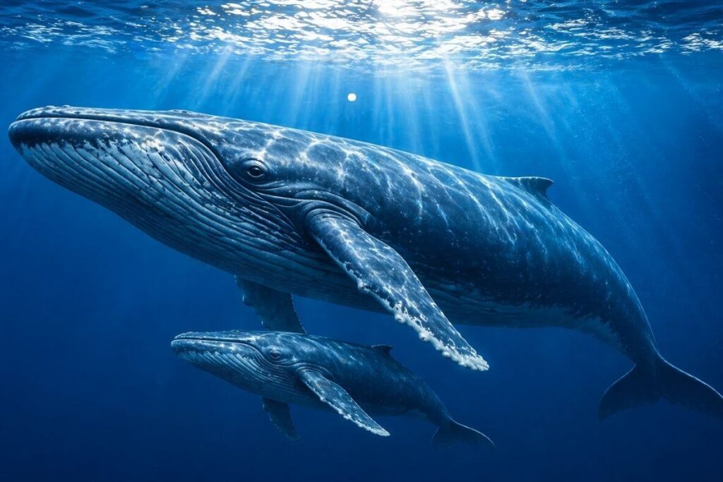 Blue Whale feeding baby in ocean Blue Whale Facts