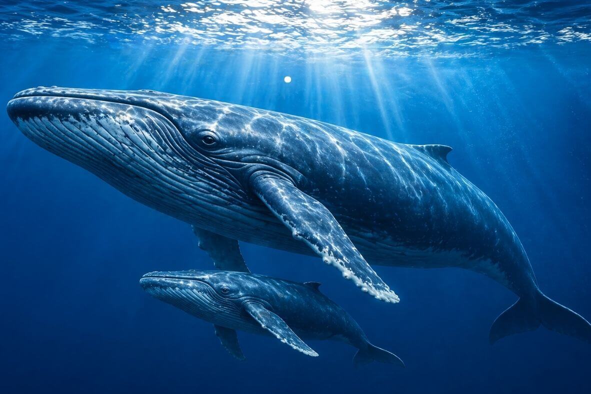 Blue Whale feeding baby in ocean Blue Whale Facts