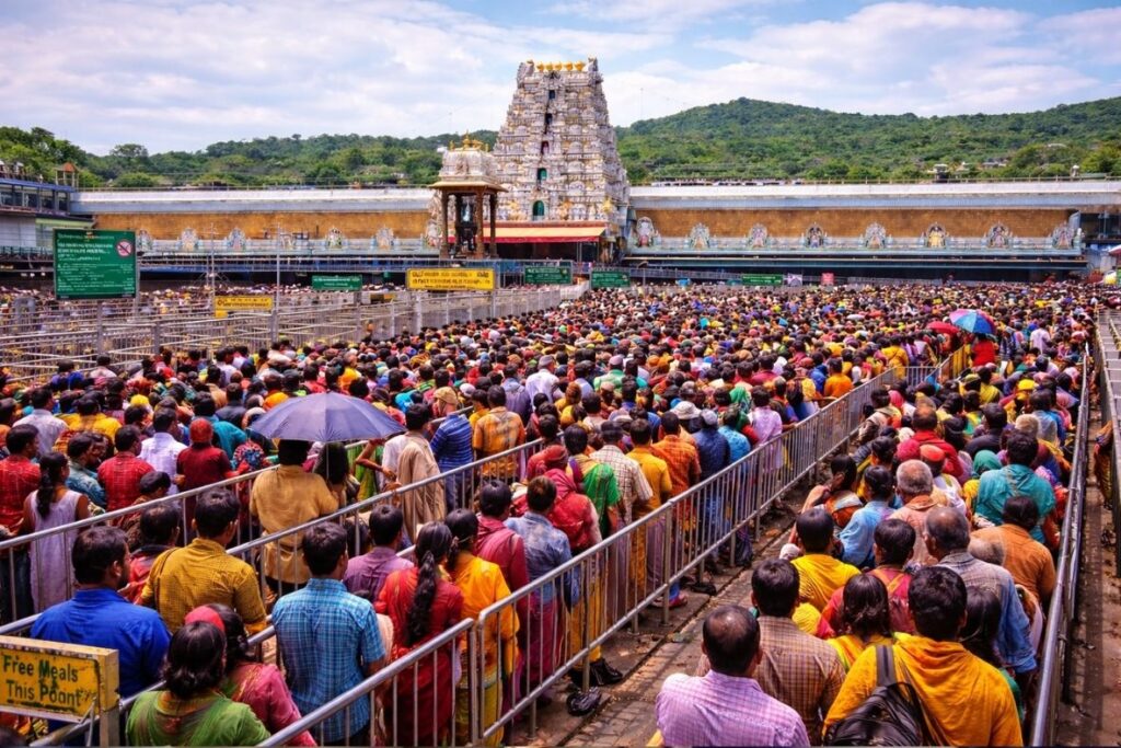 heavy crowd at Tirumala temple waiting for darshan