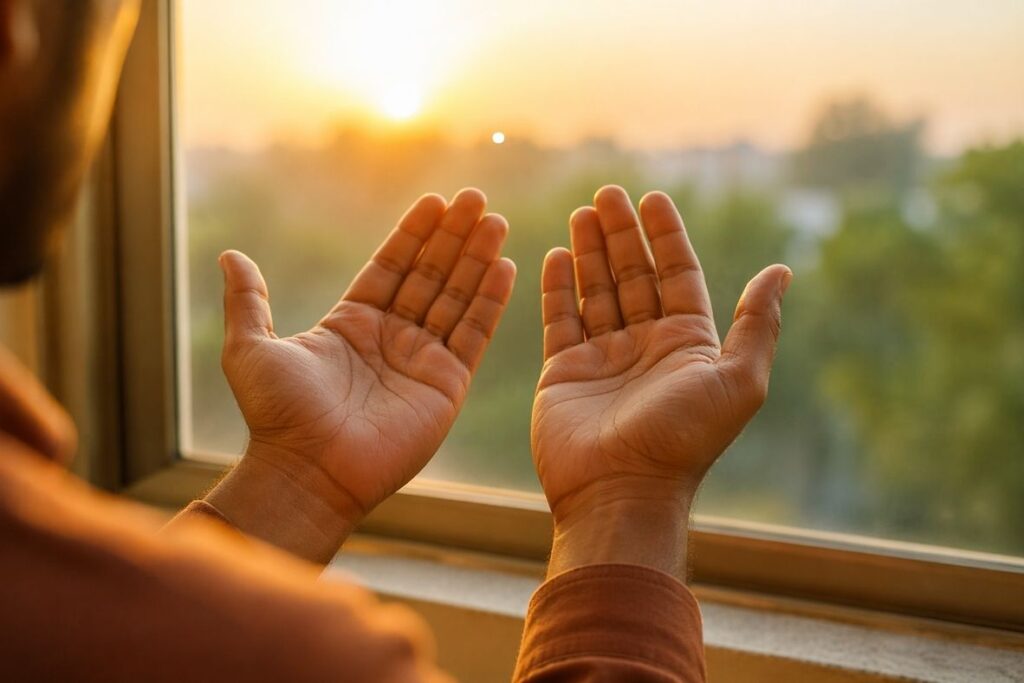 person looking at hands in morning sunlight (image credit:AI)
